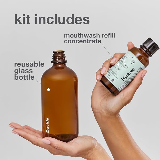 Davids Hydroxi Fresh Breath Mouthwash Starter Kit, Alcohol-Free, Fluoride-Free, Nano-Hydroxyapatite for Remineralizing & Enamel Health, Relieves Dry Mouth, Fresh Mint, 16 fl oz