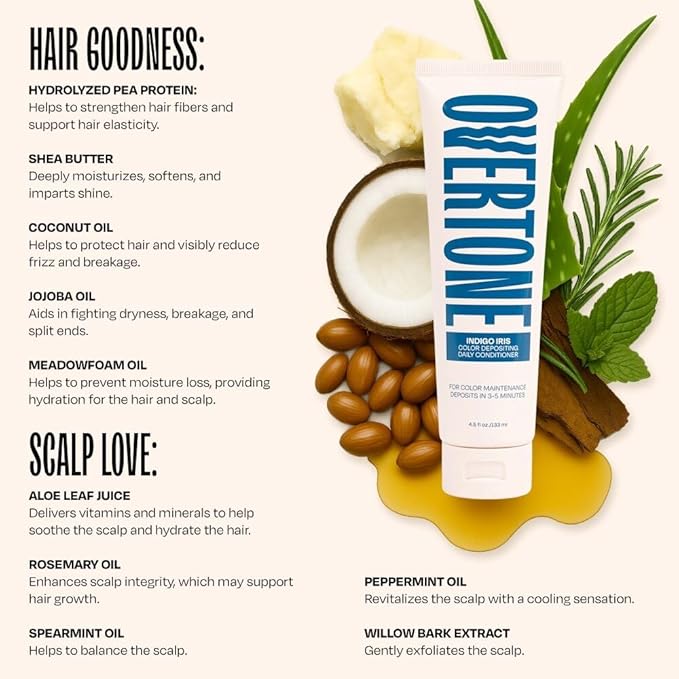 Overtone Daily Color Depositing Conditioner - 4.5 oz Temporary Coloring Conditioner w/Shea Butter & Coconut Oil - Refresh Color & Prevent Fading - Vegan & Cruelty-Free, Blue for Brown is Indigo Iris