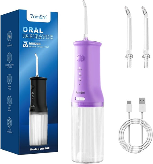 7AM2M Portable Water Flosser Cordless, Water Flosser for Teeth with 3 Modes and 2 Jet Tips, USB C Rechargeable, IPX7 Waterproof, Dental Water Flosser for Travel and Home Use (Purple)