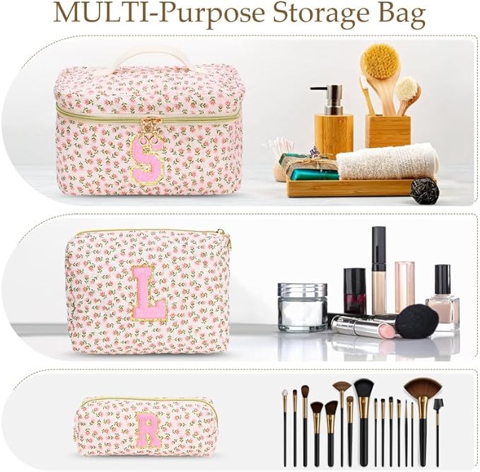 3 PCS Travel Makeup Bag Set,A-Z Initials Cotton Make up Bag Floral Quilted Cosmetic Bag for Girls and Women,Personalized Christmas Gifts,Cute Toiletry Travel Accessories Brushes Bags-O