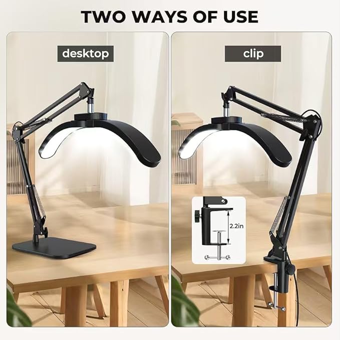 Half Moon Light for Nail Desk, 22W LED Lash Light with Adjustable Arm, Desk Clamp & Base, Foldable Nail Tech Lamp for Manicure, Eyelash Extensions, Beauty, Tattoo, Esthetician
