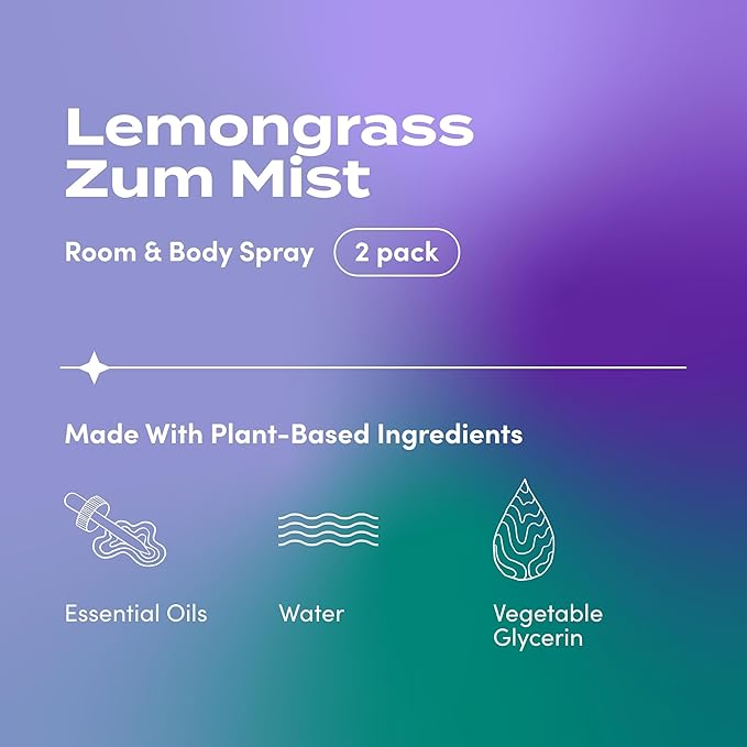 Indigo Wild Zum Mist Room & Body Spray - Aromatherapy Essential Oil Spray - Natural Body Mist & Room Spray - Lemongrass Scent - 4 fl oz (2 Pack)
