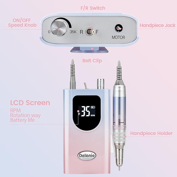 Delanie Professional Nail Drill High Torque 35000 RPM Rechargeable Portable Electric Nail File Filer for Acrylic Gel with Cuticle Bits, Salon Manicure Tool, Gradient Pink