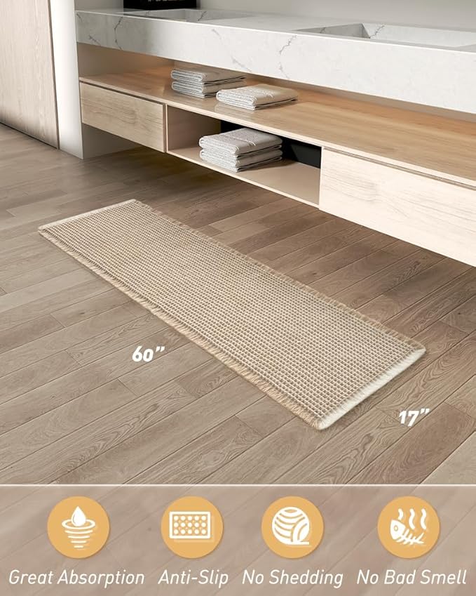 AMOAMI Upgraded Waffle Runner Rug Super Absorbent Non Slip Bath Mats for Bathroom Machine Washable Bathroom Runner Rug with Tassels, Ideal for Hallway Bedroom Laundry Room, 17" x 60", Brown & Cream