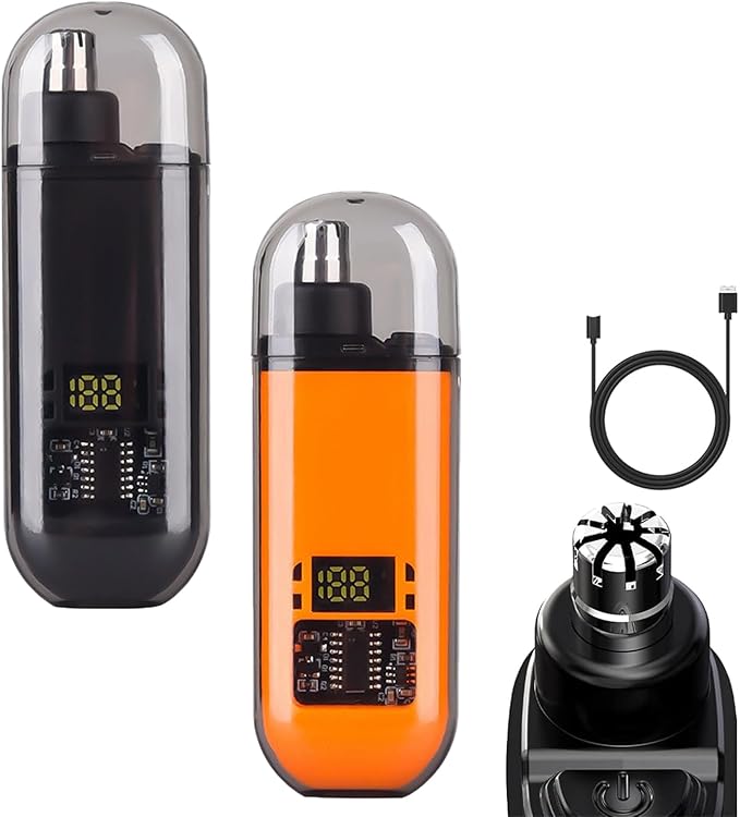 2-in-1 Nose Hair Trimmer - for Effortless, Waterproof Nasal Hair Cutter with Digital, Groom with Precision, Rechargeable, Electric Nose Hairs Trimmer for Men Women (Orange*Black)