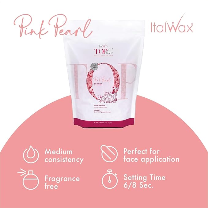 Italwax Pink Pearl Hard Wax 1.65 lb (750g) – Semi-Creamy Shiny Pink Facial Wax for Sensitive Skin, Strong from First Pull, Highly Elastic for Precision Work – Made in Italy