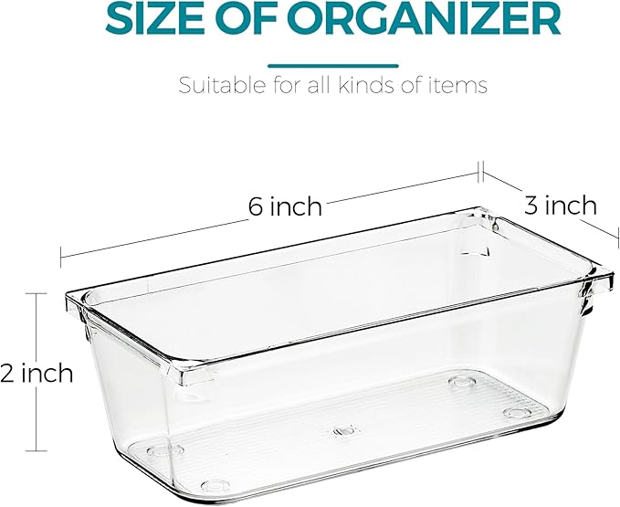 12 Pack Drawer Organizer - 3" X 6" Clear Acrylic Storage Bins with Non-Slip Pads, Versatile Desk Tray for Makeup, Jewelry, Kitchen, Bathroom, and Office Organization
