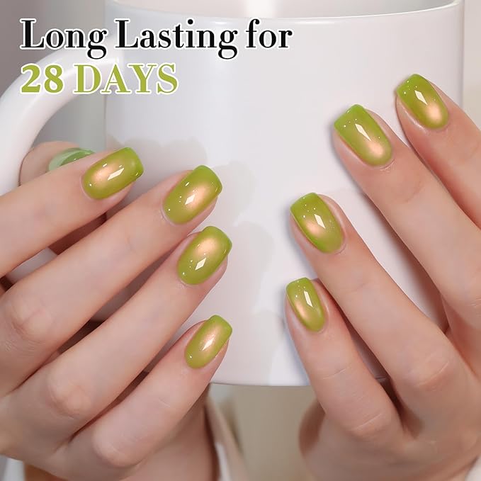 Double Rhythm 0.5 OZ Cat Eye Gel Polish with Magnet 15ML Holographic Glitter Shimmer Translucent Jelly Color Magnetic Nail Polish Salon DIY at Home (Green Pink-MC1214)