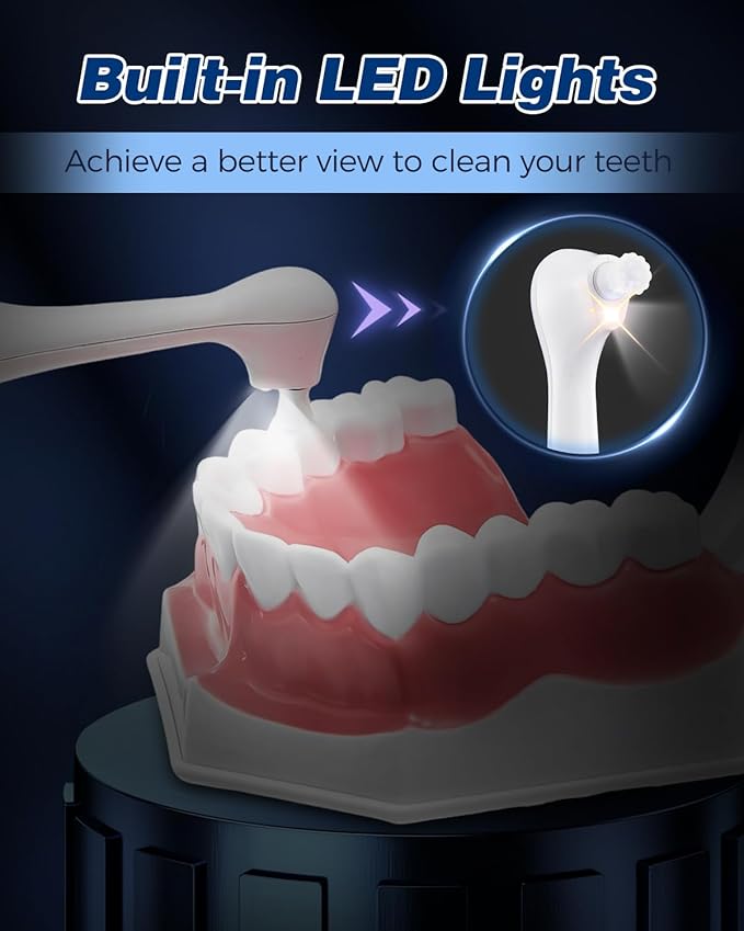 Saker Tooth Polisher, 2 Set Replacement Polishing Brush Heads(12pcs) Included, Rechargeable Tooth Polishing Kit, Dental Teeth Polisher with LED Light, 5 Speed Modes, Waterproof - White