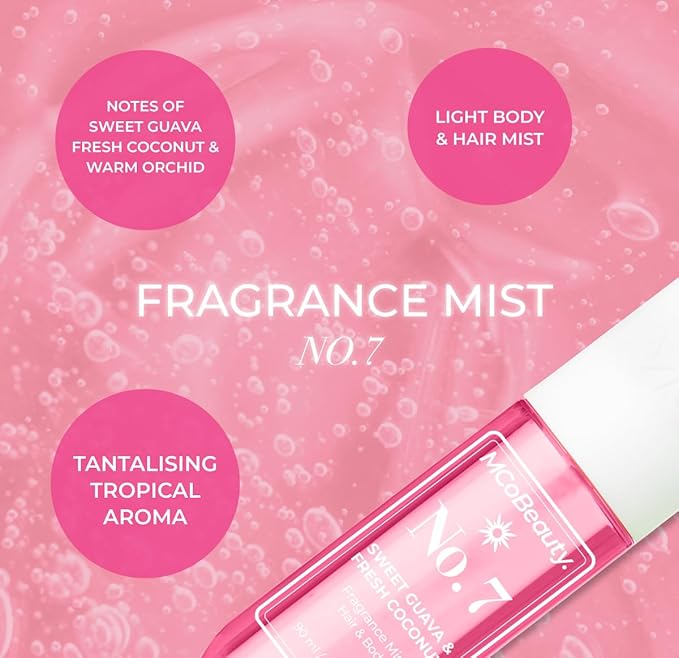 MCoBeauty - Fragrance Mist No. 7 - Light Body Mist and Hair Perfume with Sweet Guava & Fresh Coconut, Fruit Scent with Tropical Notes - Vegan, Cruelty Free - Gifts for Women, Feminine Spray - 90ml