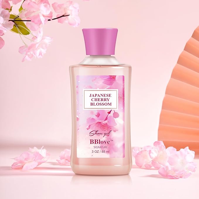 Bath and Body Gift Set for Women & Girls, Japanese Cherry Blossom, 4PCS Set for-Shower Gel, Body Lotion, Body Mist, Exfoliating Scrub, Body Care Set