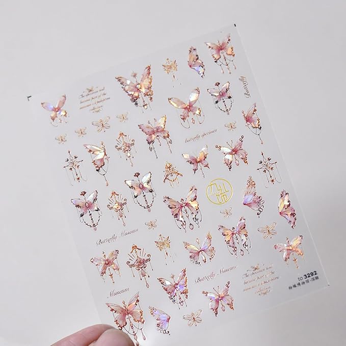 Butterfly Nail Art Stickers Decals 5D Butterfly Nail Stickers Pink Seashell 5D Embossed Shinny Butterflies Nails Design Decals Butterflies Stickers for Women DIY Manicure Nails Art Decorations