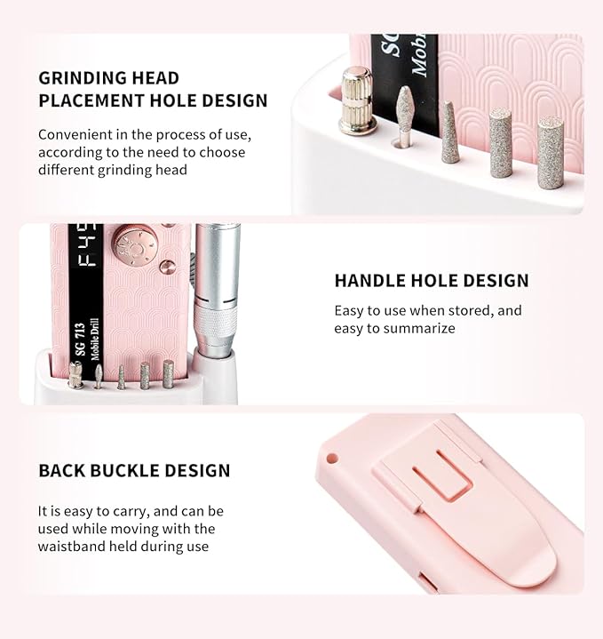 Electric Nail File Professional Kit - 45000RPM Portable Nail Drill Electric File with 11 Bits & Base丨LED Screen丨Ultra-Silent, Rechargeable Nail Drills Machine for Acrylic Nails Gel Polishing (Pink)