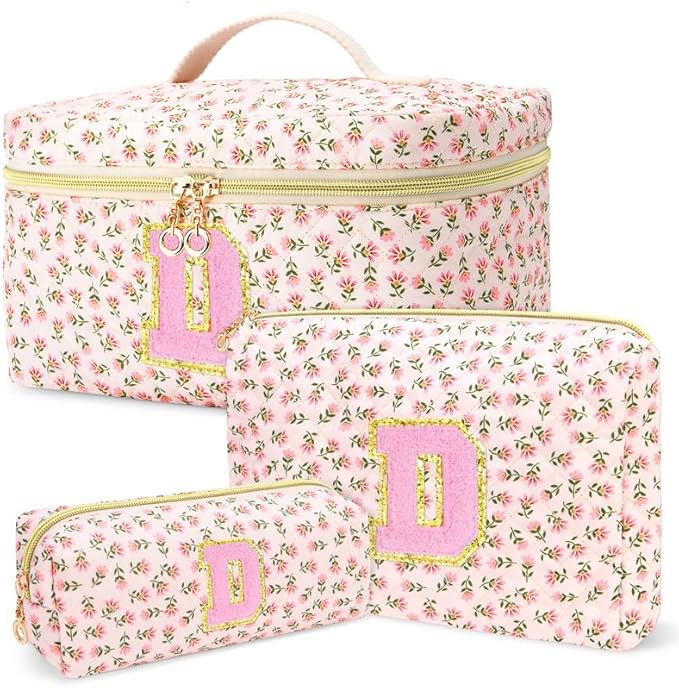 3 PCS Travel Makeup Bag Set,A-Z Initials Cotton Make up Bag Floral Quilted Cosmetic Bag for Girls and Women,Personalized Christmas Gifts,Cute Toiletry Travel Accessories Brushes Bags-D