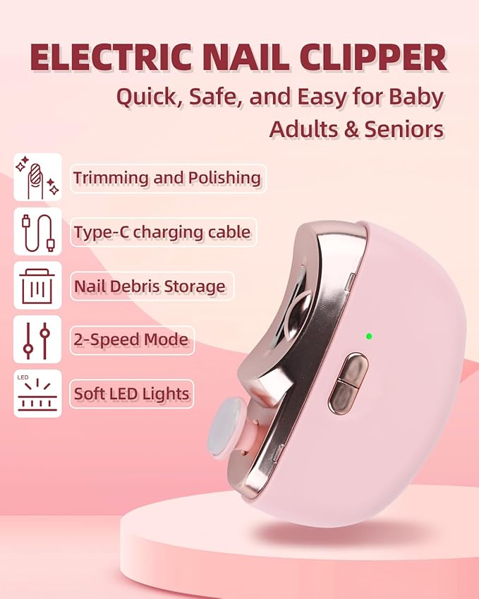 2025 Upgraded Electric Nail Clipper, 3 in 1 Automatic Nail Trimmer and Polisher with LED Light & Clip Storage,USB Rechargeable - 2 Speeds Electric Nail File for Baby, Adults, Seniors