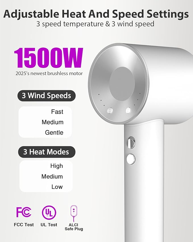 Hair Dryer with Carry Case, 160000 RPM Professional High-Speed Blow Dryer 200 Millions Negative Ionic Care Hair Dryer for Fast Drying, Low Noise Hairdryer, Travel with Magnetic Diffuser&Nozzle, White