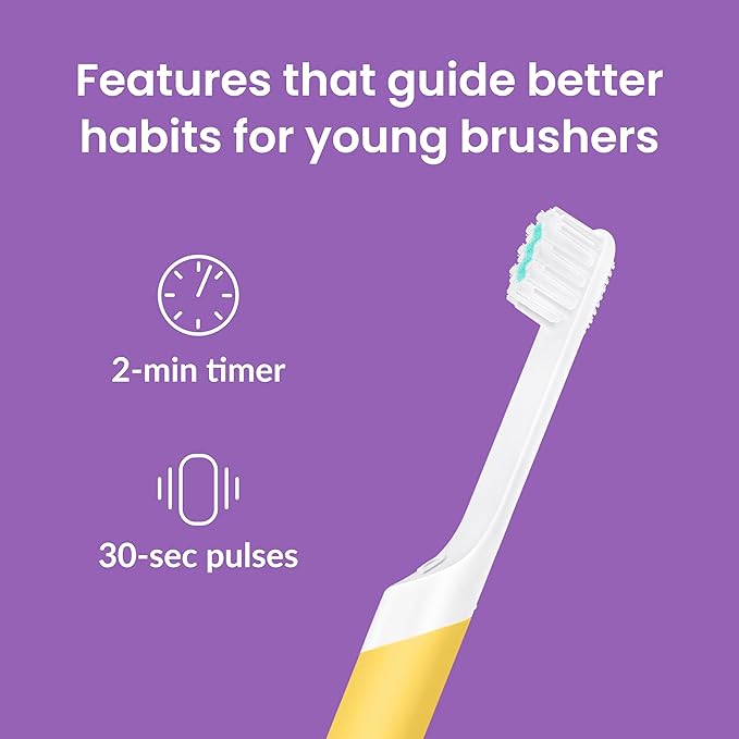 Quip Kids Electric Toothbrush, Battery-Powered Sonic, Yellow, with 2-Min Timer, Extra Head and Travel Cover