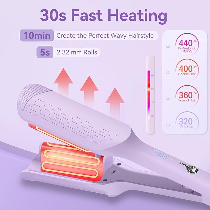 Curling Iron Hair Crimper Waver, 1.25 Inch Rovy Wave Curling Iron with Anti-Scald, Ionic Deep Waver Hair Curler Tool with Ceramic 2 Barrel for Women, 32mm Beach Waves with 30 Min Auto Shut Off