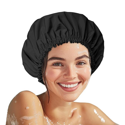 Shower Cap for Women, Double Layer Waterproof Bath Cap, Reusable Hair Protector, Large Waterproof Shower Bonnet Washable Elastic Band Bath Hair Hat for Long Hair, Braids，Black