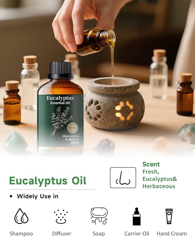 Pure Eucalyptus Essential Oil, Mumianhua Natural Eucalyptus Oil for Diffuser, Face, Skin, Aromatherapy, Hair, Scalp and Body Massage,Spray Candle Making, Outdoor Freshness, Invigorating Air 3.38 Fl Oz