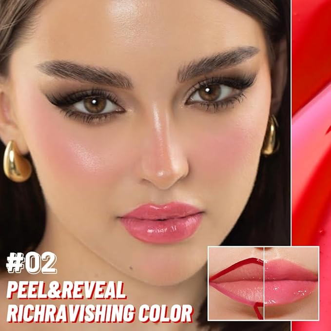 Dewy Rose Lip Stain Peel Off Lip liner and Lip oil with Tweezer, Dual-Ended Peel Off Lip Stain Tattoo, Highly Pigmented Long Lasting Waterproof, Transfer-proof for All Skin Types, 02#