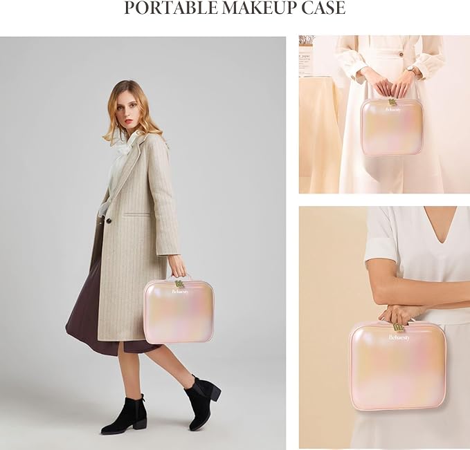 Travel Makeup Bag with LED Lighted Mirror, Cosmetic Makeup Organizer Bag with 3 Color Setting, Makeup Train Case with Adjustable Dividers for Women Makeup Brushes Jewelry Accessories