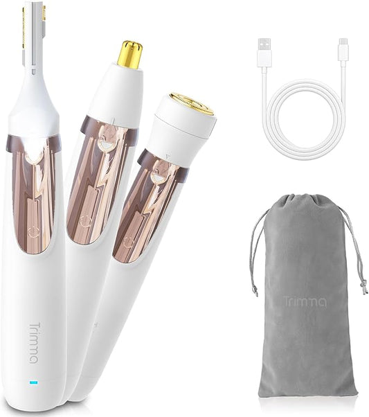 Trimma Nose Hair Trimmer for Women: 3 in1 Rechargeable Womens Facial Hair Remover and Electric Eyebrow Trimmer - Face Lips Eyebrow Nose Ear Body Painless Face Shaver with Built-in LED Light