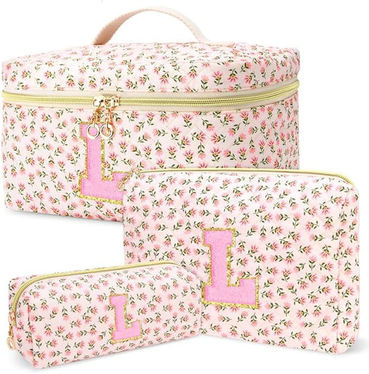 3 PCS Travel Makeup Bag Set,A-Z Initials Cotton Make up Bag Floral Quilted Cosmetic Bag for Girls and Women,Personalized Christmas Gifts,Cute Toiletry Travel Accessories Brushes Bags-L