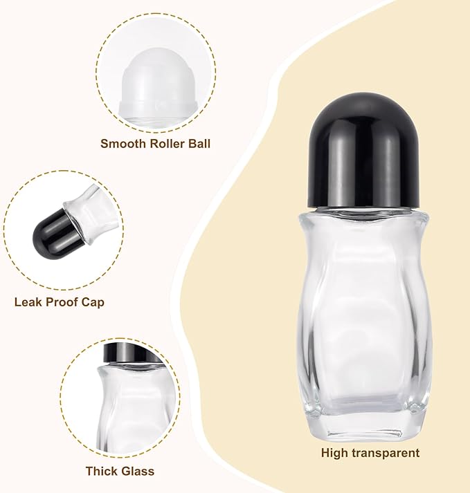 4 Pack 50mL Clear Glass Roller Bottles for Deodorant, Essential Oil Roll On Bottles, Leak-Proof Refillable Rollerball Containers with Black Caps, Travel DIY Perfume Applicator