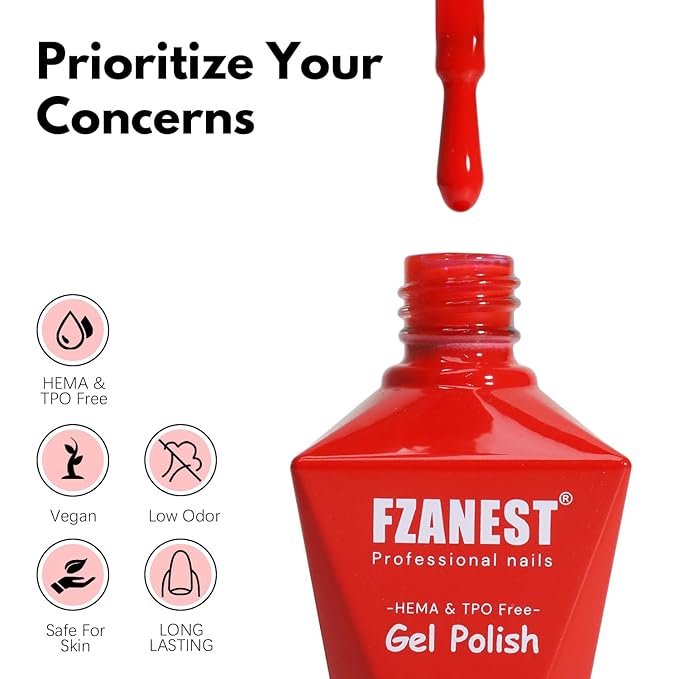 FZANEST 30pcs 12ml Red Gel Nail Polish Set TPO & Hema-free, Cherry Blood Bright Red Orange With Top Coat Base Builder Gel Nail Glue Soak Off Gel Polish Kit For Nail Salon Home Gifts for Women