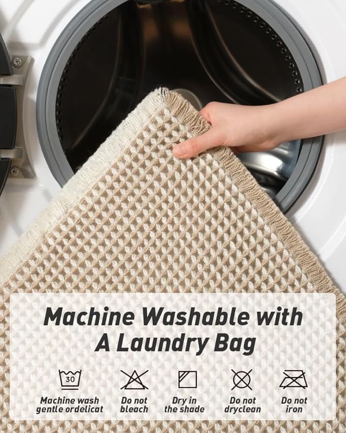 AMOAMI Upgraded Waffle Runner Rug Super Absorbent Non Slip Bath Mats for Bathroom Machine Washable Bathroom Runner Rug with Tassels, Ideal for Hallway Bedroom Laundry Room, 17" x 60", Brown & Cream