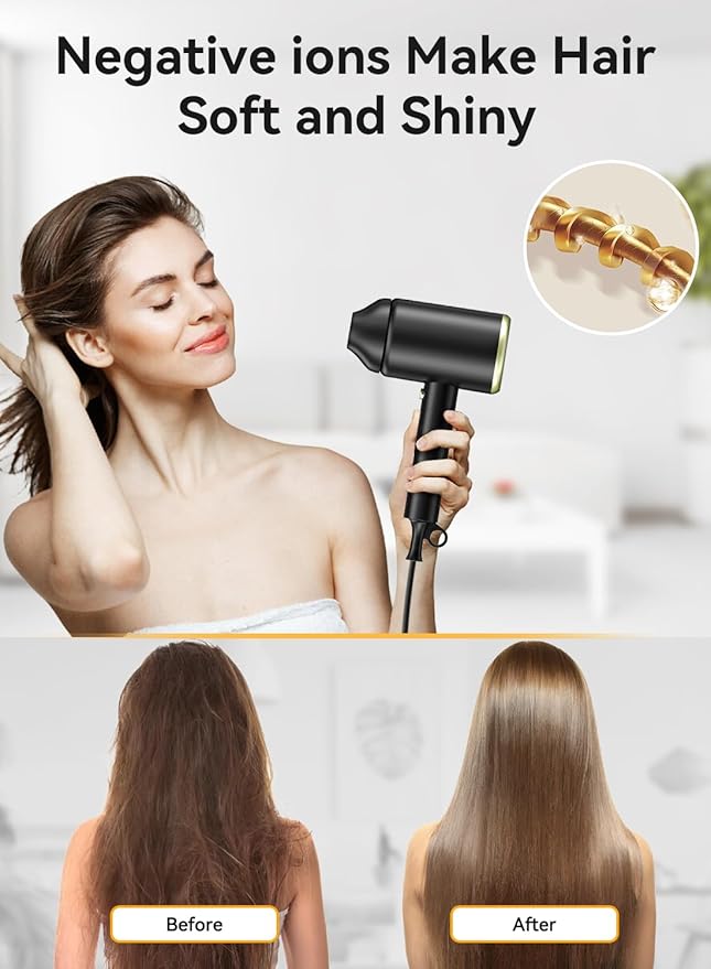 Hair Dryer, 150000RPM Ionic Blow Dryer - Fast Drying, Low Noise, Foldable Portable with Diffuser and Nozzle, Compact Mini for Women and Men, Home and Travel - Black
