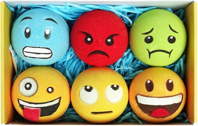 Large Emotion Face Bath Bombs Set of 6 – Fun Emoji-Inspired Spa Fizzies – Handmade with Shea Butter, Cocoa Butter & Essential Oils – Moisturizing Gift Set for Women, Men & Kids