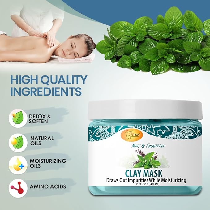 SPA REDI - Clay Mask, Mint and Eucalyptus, 16 Oz - Pedicure and Body Deep Cleansing, Skin Pore Purifying, Detoxifying and Hydrating
