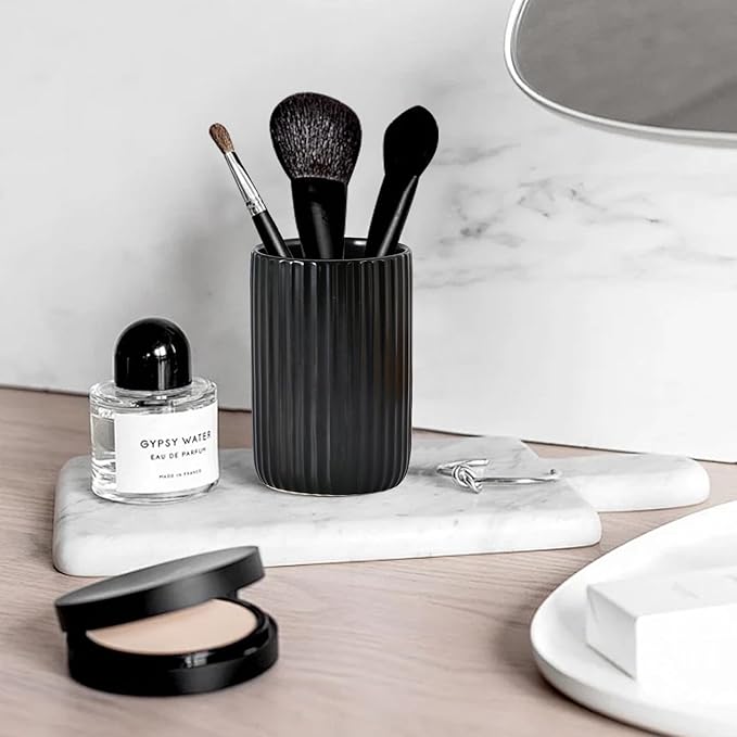 Toothbrush Holders for Bathrooms, Ceramic Tooth Brush Holder Set, Ribbed Bathroom Cups Tumbler, Reusable Toothbrush Mouthwash Cup, Toothpaste Holder Toothbrush Organizer for Bathroom Counter