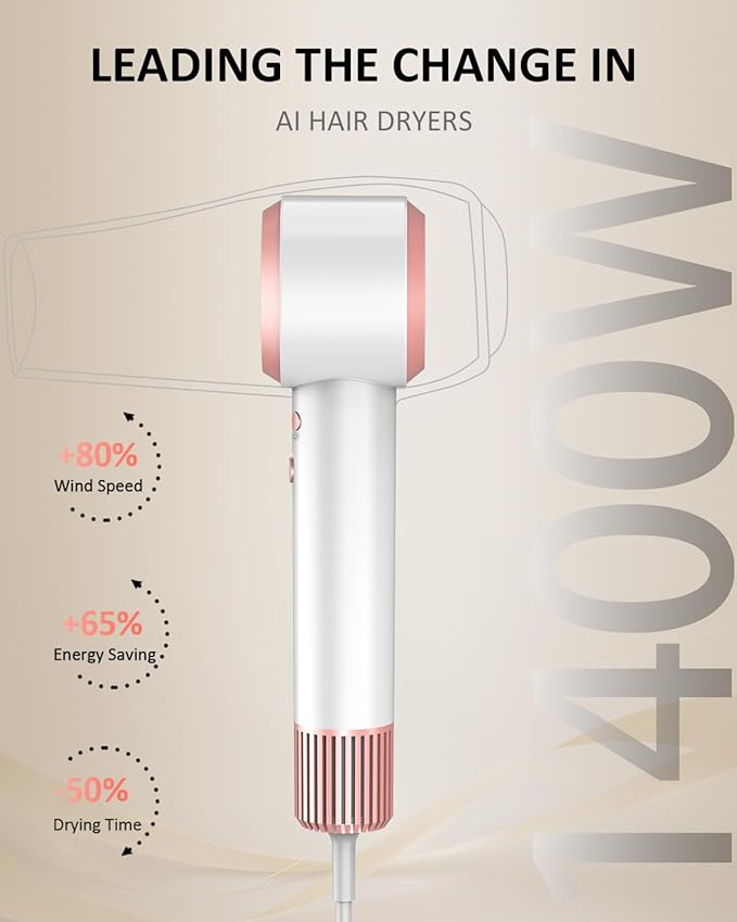 AI Hair Dryer,160000RPM High-Speed Brushless Motor Plasma Ion AI Blow Dryer Without Diffuser for Fast Drying, Professonal 4Temps/3Speeds Thermo-Control Lightweight Hairdryer for Women Men Travel Salon