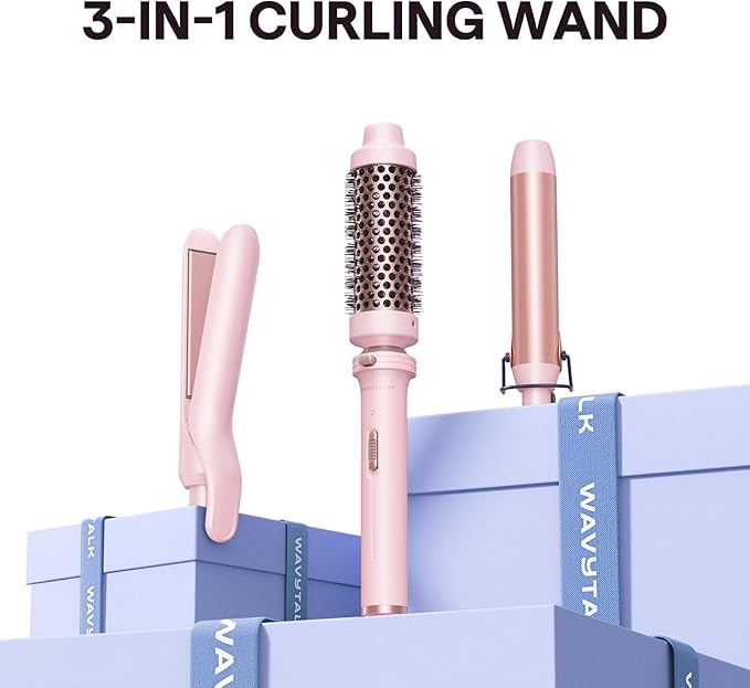 Wavytalk 3 in 1 Curling Wand Set, Multi Curl, Curling Iron Set with Heated Round Brush, Flat Iron Hair Straightener, 1 1/4 inch Curling Iron, Dual Voltage Hair Curler(Pink)