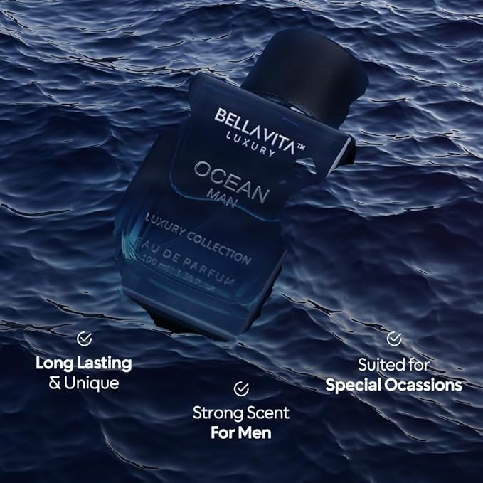 BellaVita Luxury OCEAN Eau de Perfume for Men (100ml) | Fresh Aquatic Fragrance | Notes: Aqueous, Bergamot, Orchid & Jasmine | Masculine Aromatic Fragrance | Mens Parfum Gift