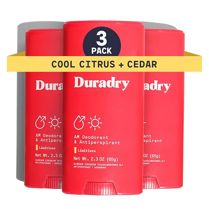 Duradry Clinical-Strength Antiperspirant Deodorant for Women and Men – Clean Formula with Natural Ingredients – Odor and Excessive Sweat Protection for Armpits–Limitless (Cool Citrus + Cedar),3 Pack