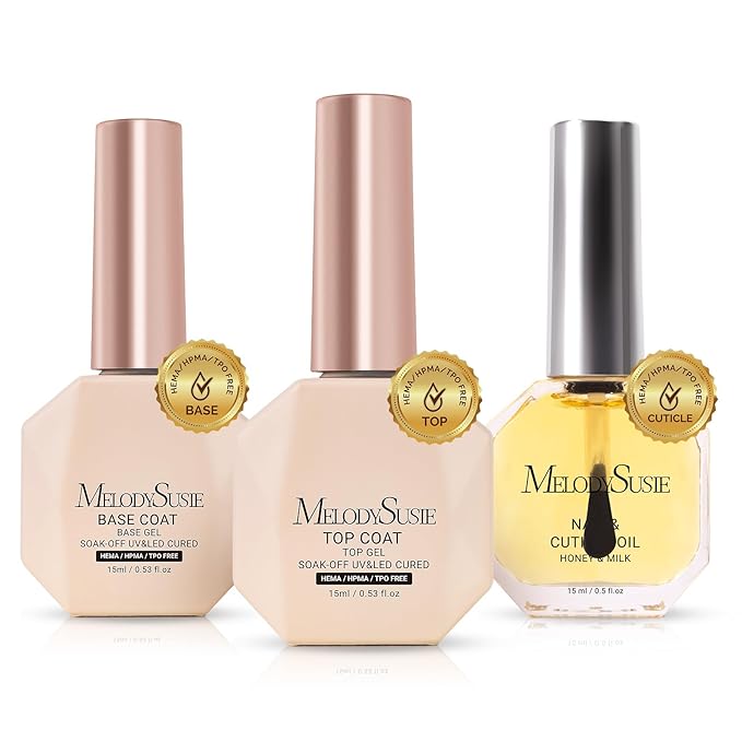 MelodySusie Hema Free Top Coat Base Coat Cuticle Oil Set Long Lasting Shine Finish Soak Off UV LED Nail Lamp Nail Art Design Manicure Kit Perfect Gifts for Women Girls 3 Pcs 15ml