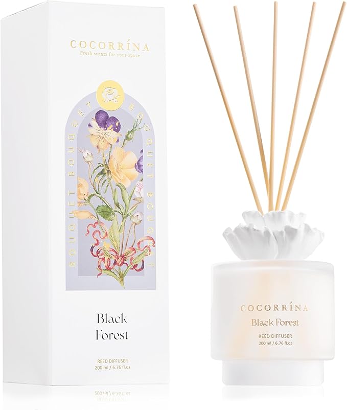 COCORRÍNA Gypsum Flower Reed Diffuser – Black Forest Scent, 6.76 oz Oil with 8 Sticks, Long-Lasting Home Fragrance for Bathroom Décor