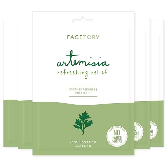 FACETORY K Beauty Face Mask Skin Care - ARTEMISIA REFRESHING RELIEF Sheet Mask with Artemesia Plant Extract | Soothes Redness & Breakouts (5 Pack)