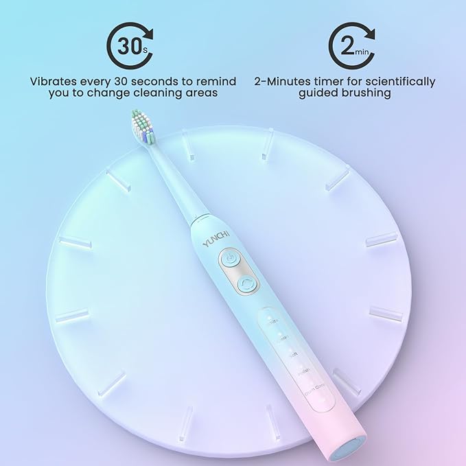 YUNCHI Sonic Electric Toothbrush for Adults,Rechargeable Toothbrushes with Travel Case, 90 Days, 8 Brush Heads, 2 Min Timer, IPX7 Waterproof, 5 Modes, Blue and Pink