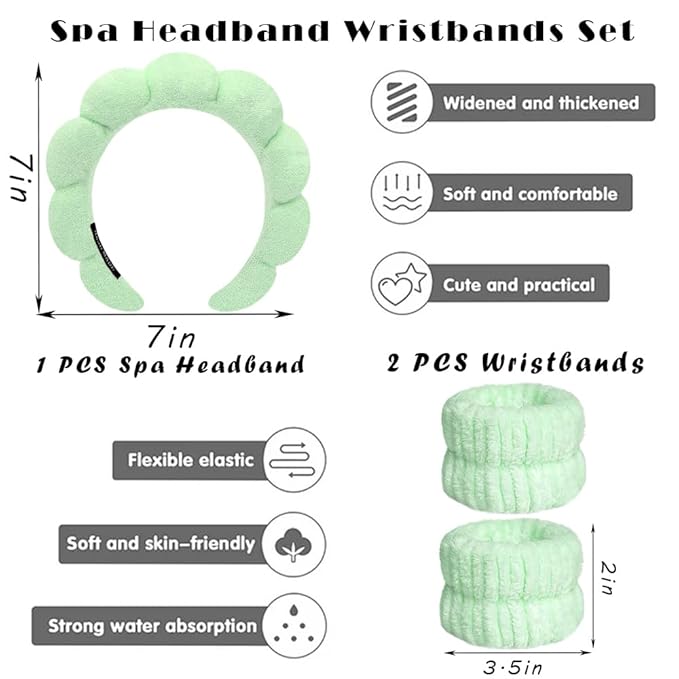 Spa Headbands for Washing Face Wristband Set Sponge Makeup Skincare Headband Wrist Towels Bubble Soft Terry Towel Cloth Hairband for Women Puffy Headwear Non Slip Thick Thin Hair Headwear (Green)