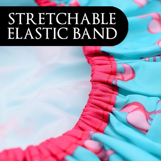 Reusable Shower & Bath Cap & Lined, Oversized Waterproof Shower Caps Large Designed for all Hair Lengths with PEVA Lining & Elastic Band Stretch Hem Hair Hat - Fashionista Flamingo Party