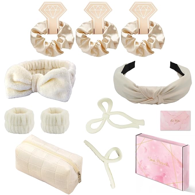 Spa Headband and Wristband Set Top Knotted Headbands Big Hair Claw Clips Butterfly Hair Accessories Satin Silk Scrunchies Quilted Makeup Bag Blank Cards Gift Box Gifts for Women and Teen Girl Gifts
