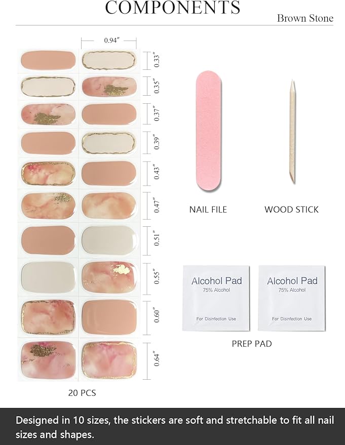 Semi Cured Gel Nail Strips (Brown Ombré), 20 Pcs Gold Foil Gel Nail Wraps, Stickers, Salon Quality, Fall, Works with Any UV Lamps