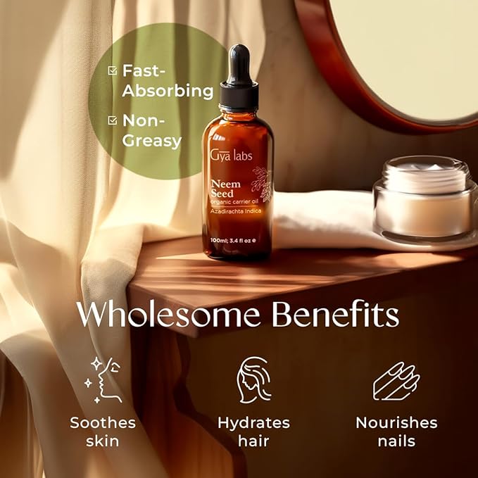 Gya Labs Neem Carrier Oil - 3.4 Fl Oz - for Hair, Skin, Face, Scalp & Body Massage