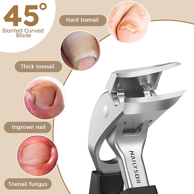 Toenail Clippers for Thick Nails for Seniors, Ingrown Nail Clippers for Men Angled Head, Toe Nail Clippers Long Handled Wide Jaw Opening with Catcher, Fingernail Clipper Sharp Curved Blade