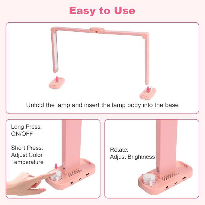 34in Half Moon Light for Nail Desk, Foldable LED Lamp for Nail Art, Tattooing, Craft Making, Stepless Dimming, 3000-6000K Color Temperature Adjustment, 456 Light Beads, Pink